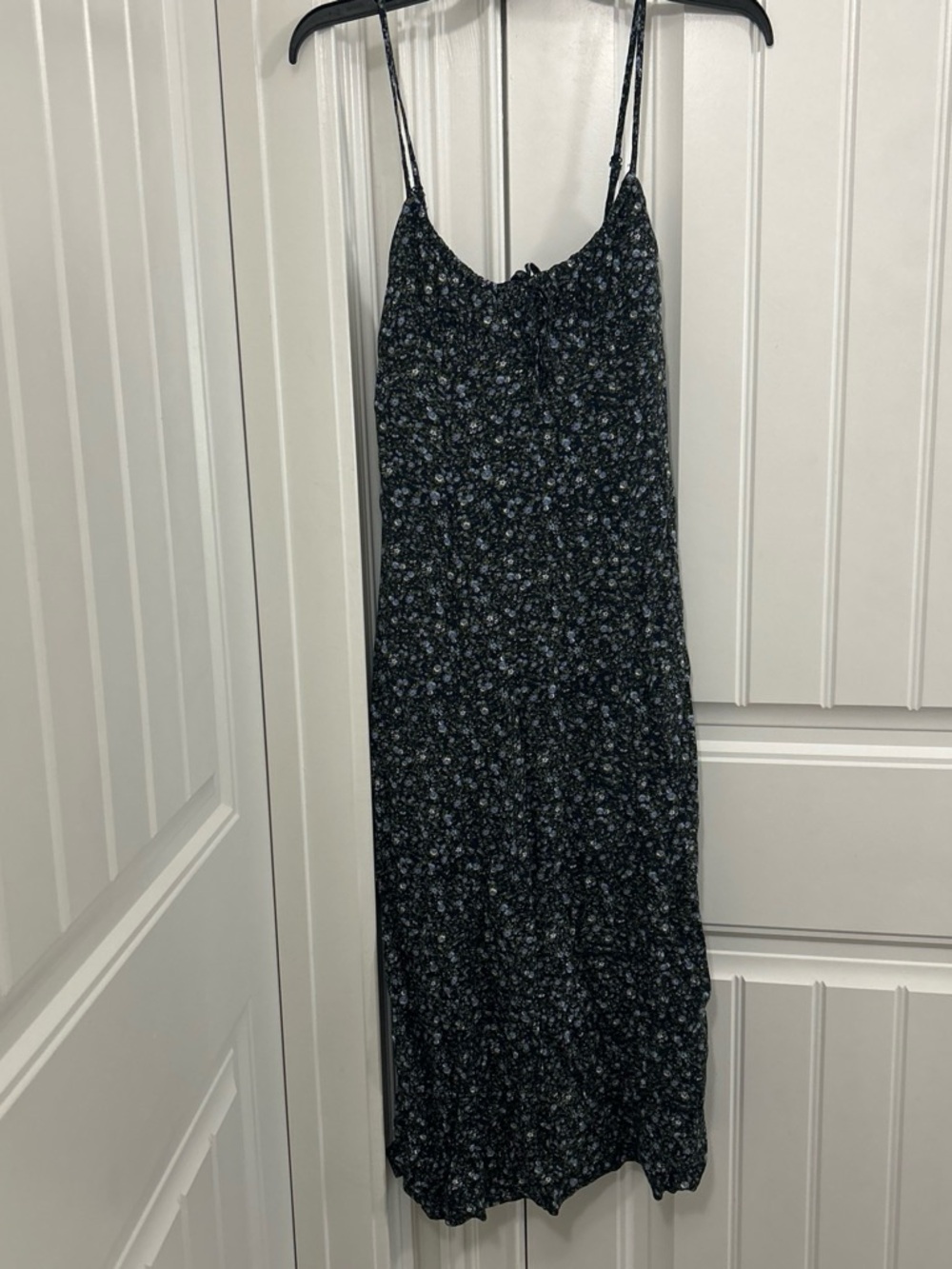 No Boundaries Black Floral Midi Slip Dress with Blue Accents